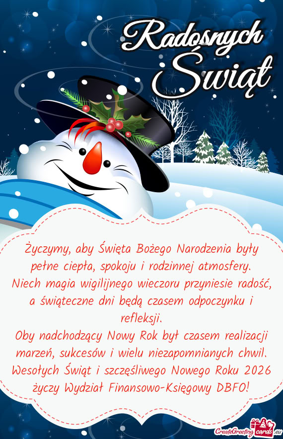 Wesołych Świąt i szczęśliwego Nowego Roku 2026 Wydział Finansowo-Księgowy DBFO