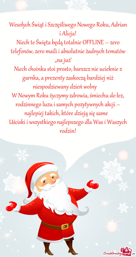 Wesołych Świąt i Szczęśliwego Nowego Roku, Adrian i Alicja