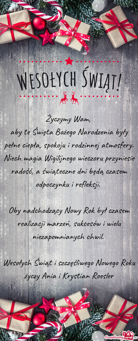 Wesołych Świąt i szczęśliwego Nowego Roku Ania i Krystian Roesler
