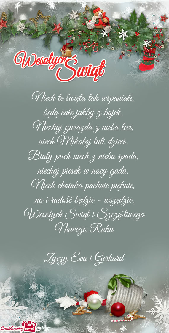 Wesołych Świąt i Szczęśliwego Nowego Roku Eva i Gerhard