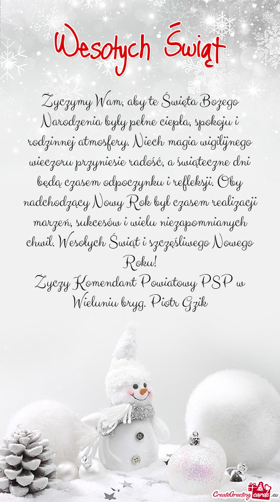 Wesołych Świąt i szczęśliwego Nowego Roku! Komendant Powiatowy PSP w Wieluniu bryg