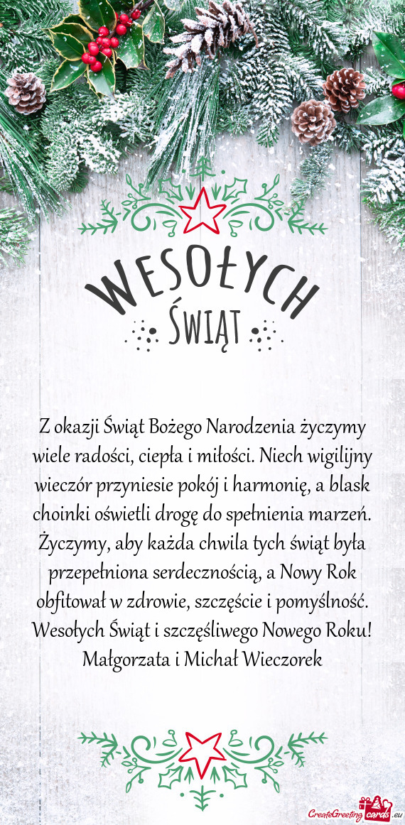 Wesołych Świąt i szczęśliwego Nowego Roku! Małgorzata i Michał Wieczorek