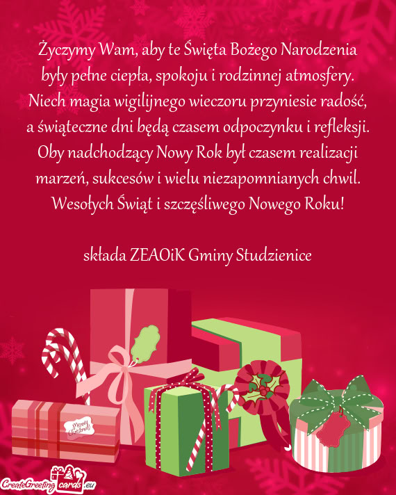 Wesołych Świąt i szczęśliwego Nowego Roku! składa ZEAOiK Gminy Studzienice