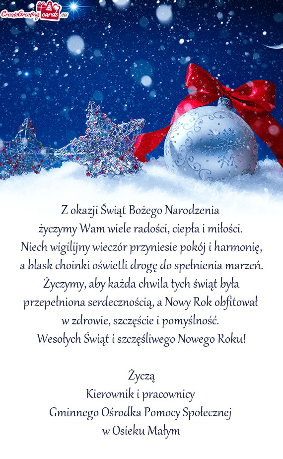 Wesołych Świąt i szczęśliwego Nowego Roku! Życzą Kierownik i pracownicy Gminnego Oś