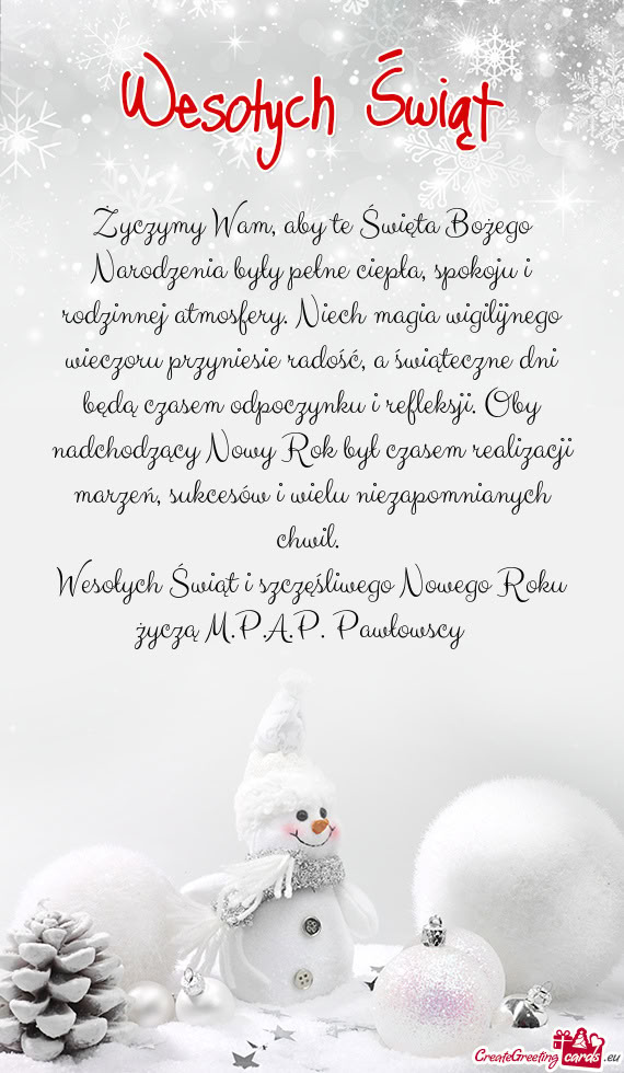 Wesołych Świąt i szczęśliwego Nowego Roku życzą M.P.A.P. Pawłowscy ☺️
