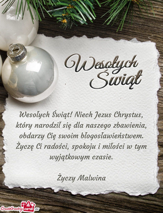 Wesołych Świąt! Niech Jezus Chrystus, który narodził się dla naszego zbawienia, obdarzy Cię s