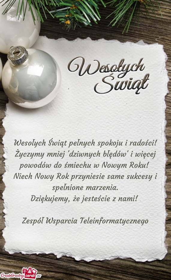 Wesołych Świąt pełnych spokoju i radości