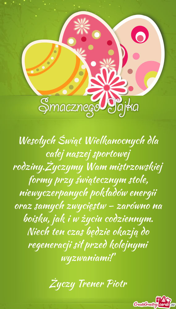 Wesołych Świąt Wielkanocnych dla całej naszej sportowej rodziny.Życzymy Wam mistrzowskiej formy