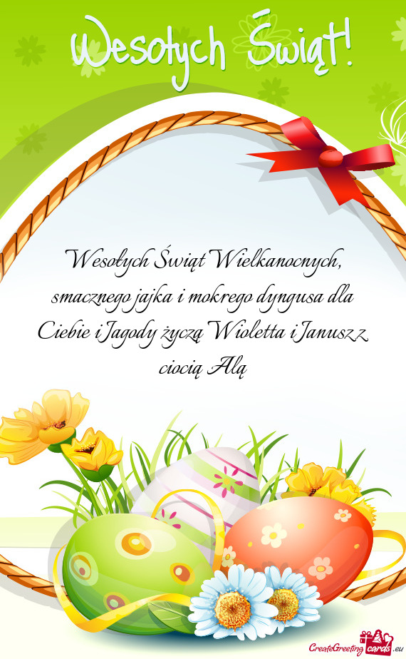 Wesołych Świąt Wielkanocnych, smacznego jajka i mokrego dyngusa dla Ciebie i Jagody życzą Wiole