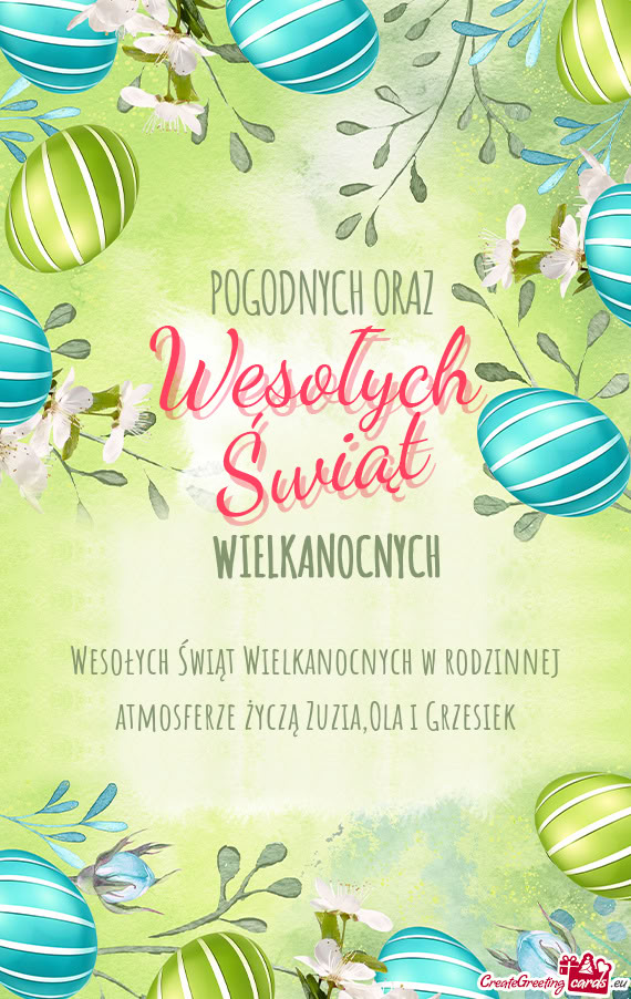 Wesołych Świąt Wielkanocnych w rodzinnej atmosferze życzą Zuzia