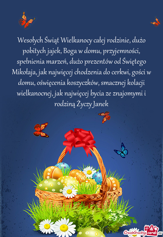 Wesołych Świąt Wielkanocy całej rodzinie, dużo pobitych jajek, Boga w domu, przyjemności, spe