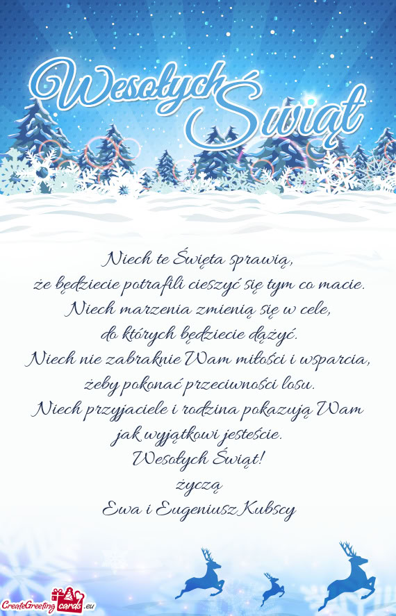 Wesołych Świąt! życzą Ewa i Eugeniusz Kubscy