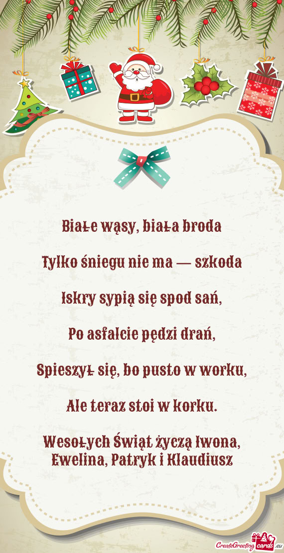 Wesołych Świąt życzą Iwona, Ewelina, Patryk i Klaudiusz