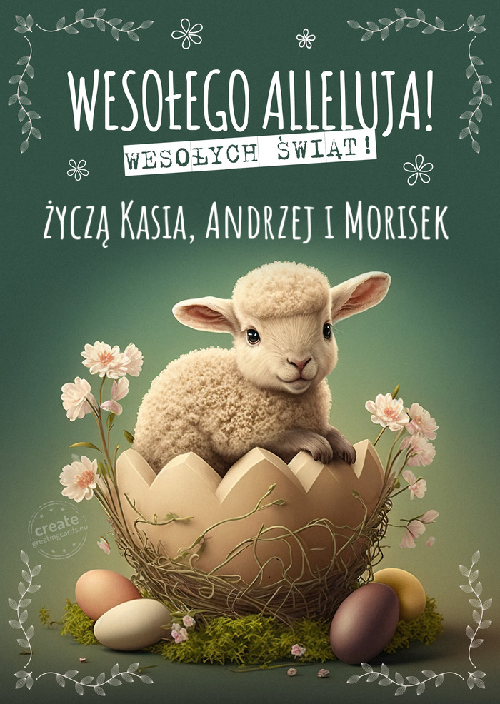 Wielkanocny baranek przesyła Ci życzą Kasia, Andrzej i Morisek życzenia