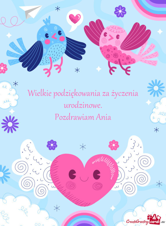 Wielkie podziękowania za życzenia urodzinowe.  Pozdrawiam Ania