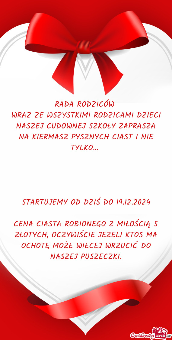 WRAZ ZE WSZYSTKIMI RODZICAMI DZIECI NASZEJ CUDOWNEJ SZKOŁY ZAPRASZA NA KIERMASZ PYSZNYCH CIAST I NI