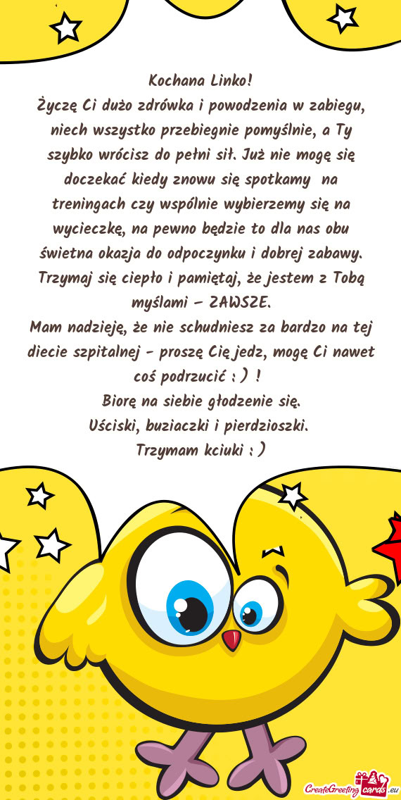 Wrócisz do pełni sił. Już nie mogę się doczekać kiedy znowu się spotkamy na treningach czy