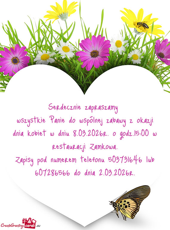 Wszystkie Panie do wspólnej zabawy z okazji dnia kobiet w dniu 8.03.2026r. o godz.15:00 w restaurac