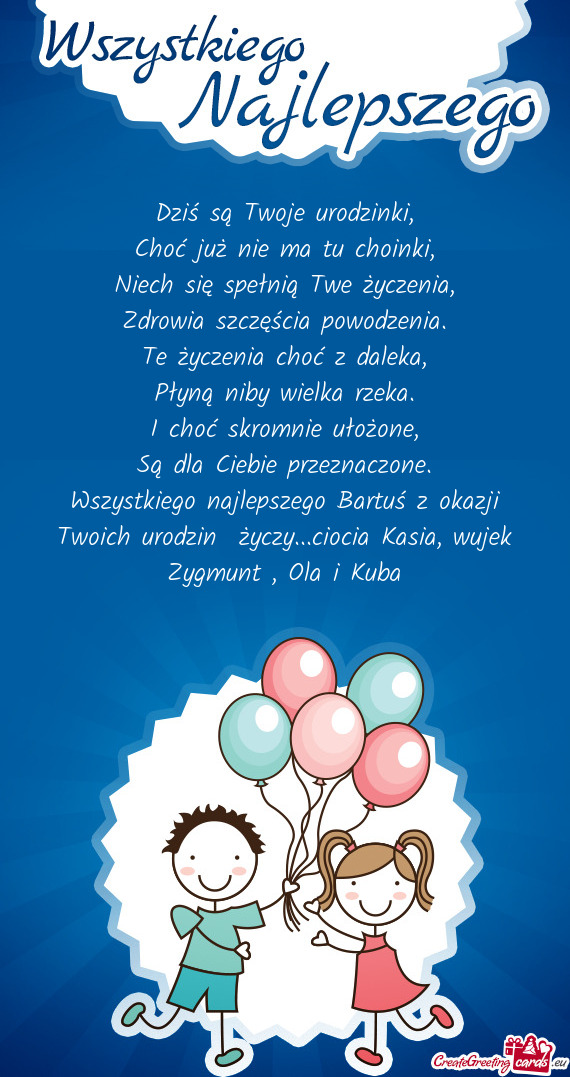 Wszystkiego najlepszego Bartuś z okazji Twoich urodzin życzy...ciocia Kasia, wujek Zygmunt , Ola