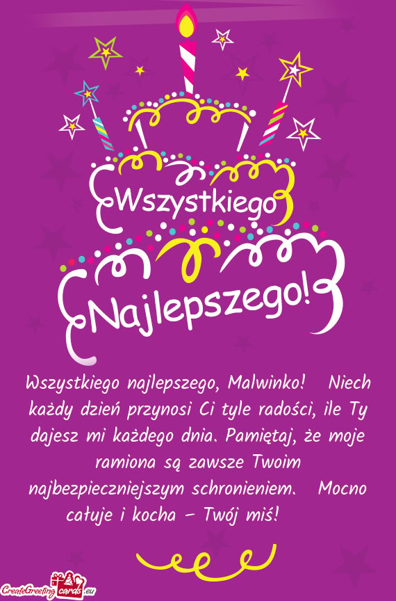 Wszystkiego najlepszego, Malwinko! 🎉Niech każdy dzień przynosi Ci tyle radości, ile Ty dajesz