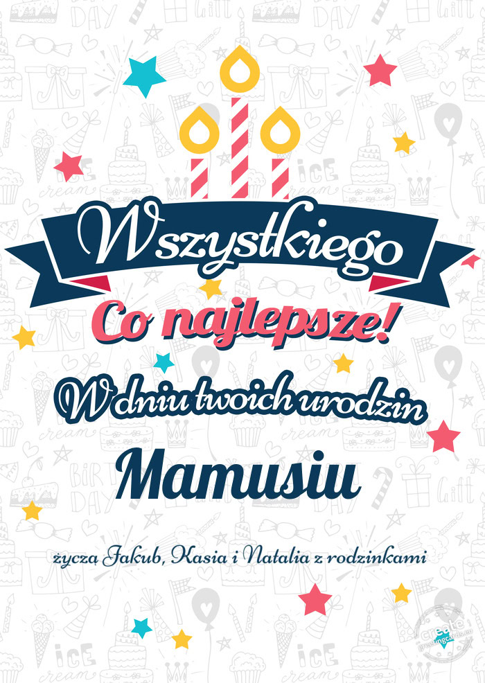 Wszystkiego najlepszego Mamusiu z okazji urodzin życzą Jakub, Kasia i Natalia z rodzinkami
