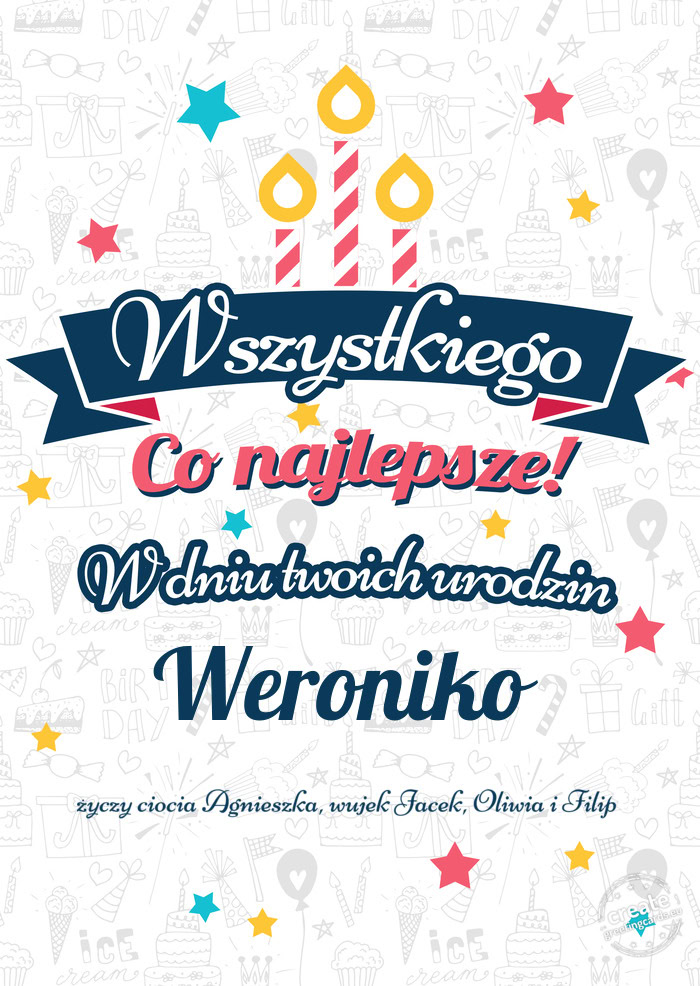 Wszystkiego najlepszego Weroniko z okazji urodzin ciocia Agnieszka, wujek Jacek, Oliwia i Fil
