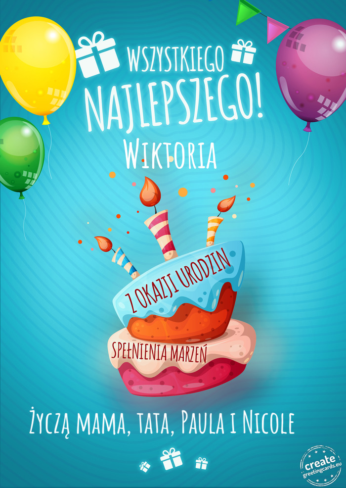 Wszystkiego najlepszego Wiktoria z okazji urodzin Życzą mama, tata, Paula i Nicole 🥳