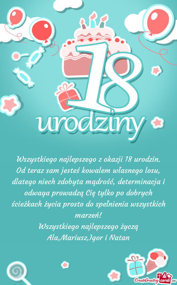 Wszystkiego najlepszego z okazji 18 urodzin. Od teraz sam jesteś kowalem własnego losu, dlatego ni