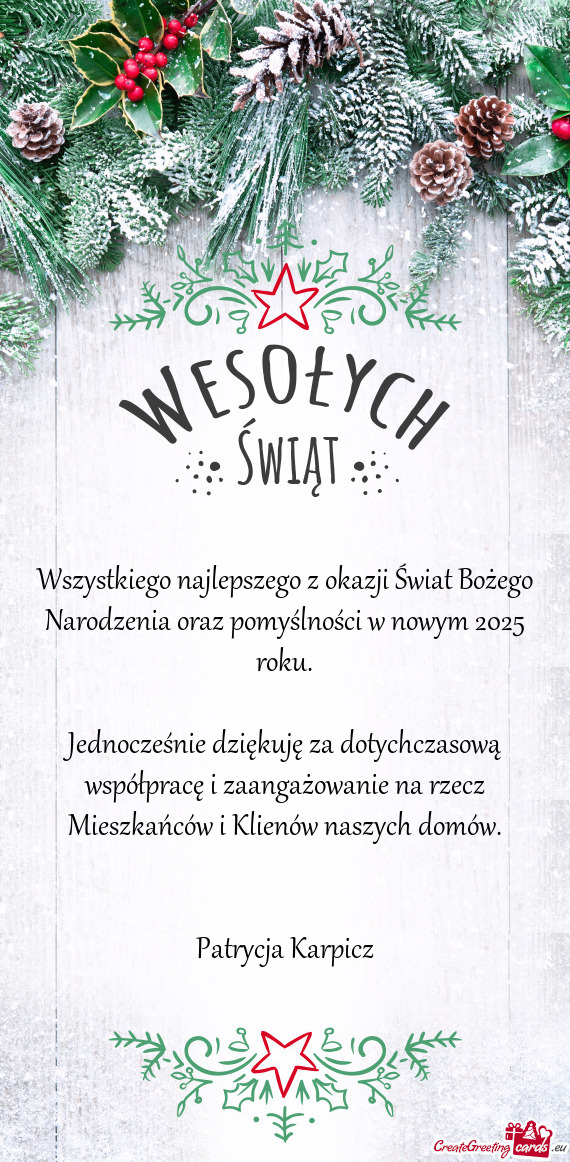 Wszystkiego najlepszego z okazji Świat Bożego Narodzenia oraz pomyślności w nowym 2025 roku