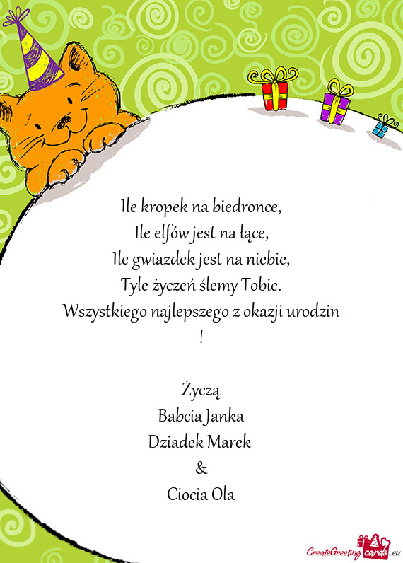 Wszystkiego najlepszego z okazji urodzin !
 
 Życzą
 Babcia Janka
 Dziadek Marek 
 &
 Ciocia Ola
