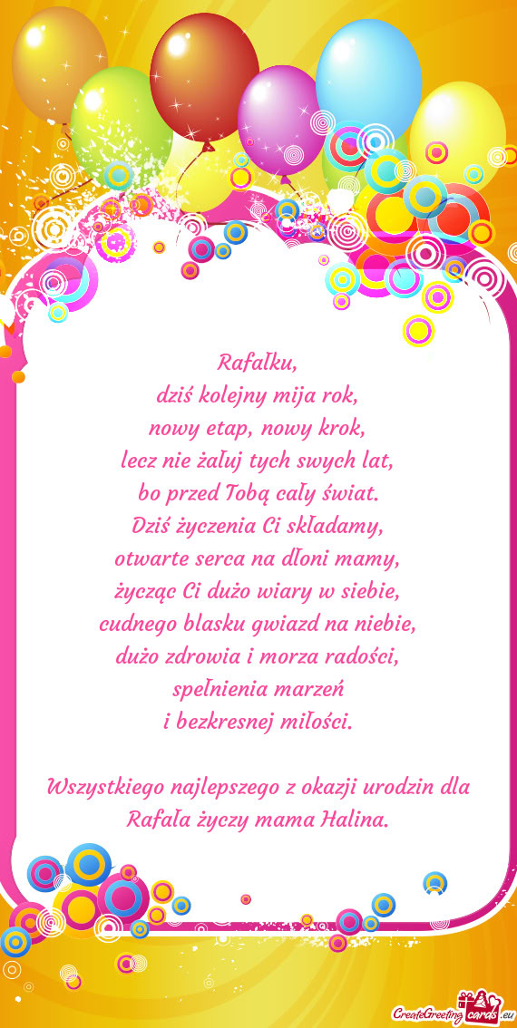 Wszystkiego najlepszego z okazji urodzin dla Rafała mama Halina
