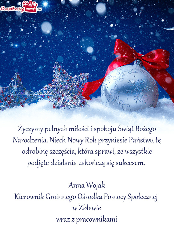 ?yczymy pełnych miłości i spokoju Świąt Bożego Narodzenia. Niech Nowy Rok przyniesie Państwu