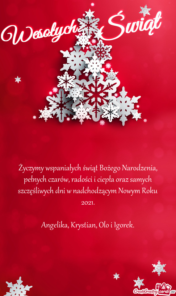 ?yczymy wspaniałych świąt Bożego Narodzenia, pełnych czarów, radości i ciepła oraz samych s