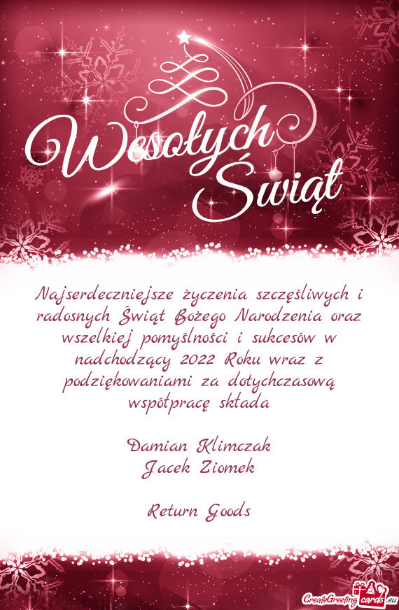 Yślności i sukcesów w nadchodzący 2022 Roku wraz z podziękowaniami za dotychczasową współpra