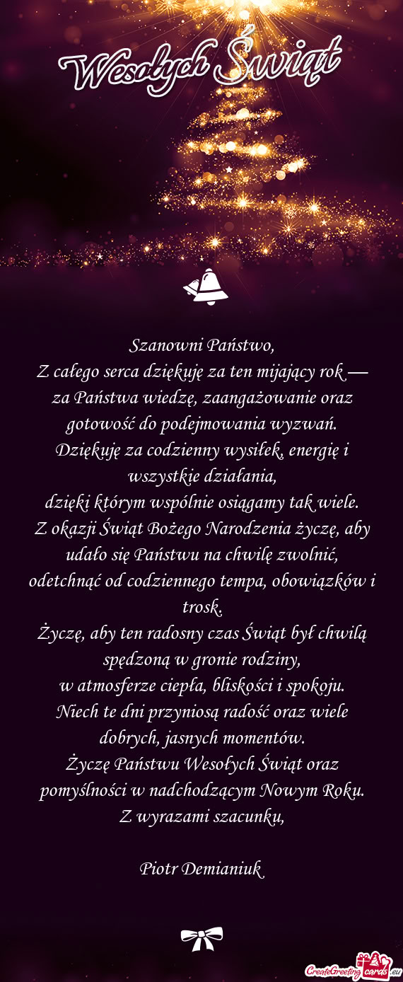 Z całego serca dziękuję za ten mijający rok —