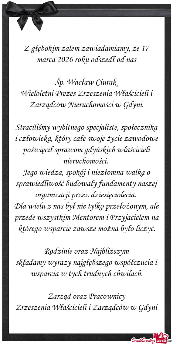 Z głębokim żalem zawiadamiamy, że 17 marca 2026 roku odszedł od nas