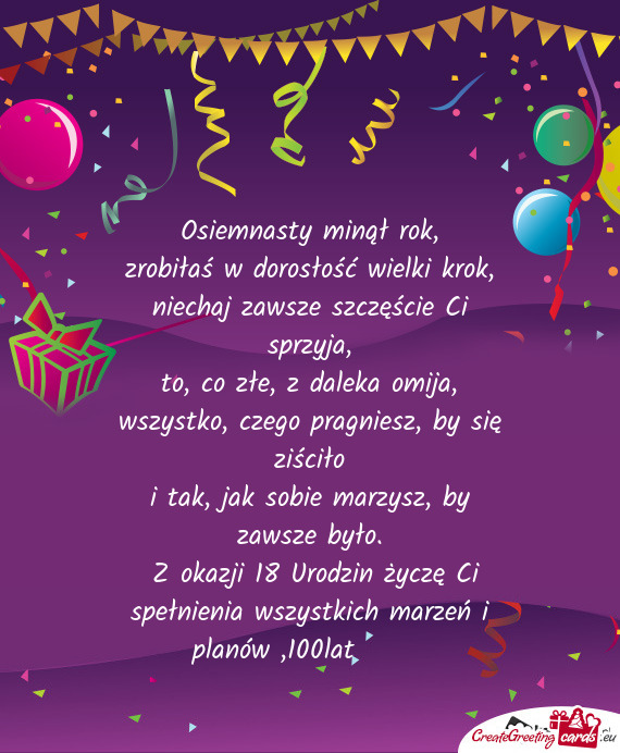 Z okazji 18 Urodzin życzę Ci spełnienia wszystkich marzeń i planów ,100lat 🎉🎁🥳