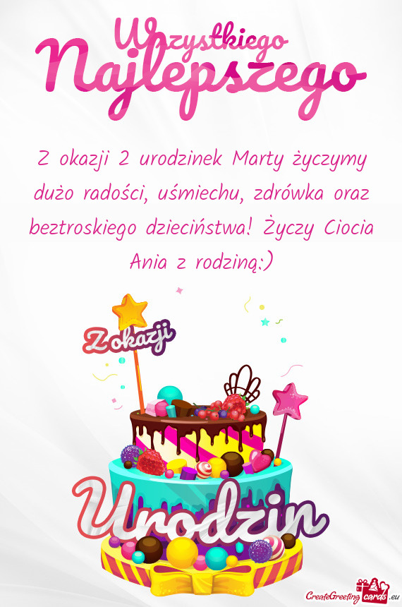 Z okazji 2 urodzinek Marty życzymy dużo radości, uśmiechu, zdrówka oraz beztroskiego dziecińst