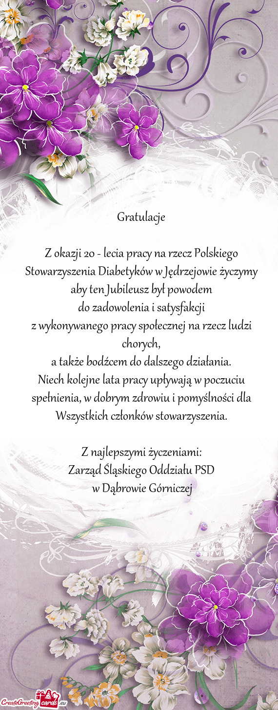 Z okazji 20 - lecia pracy na rzecz Polskiego Stowarzyszenia Diabetyków w Jędrzejowie życzymy