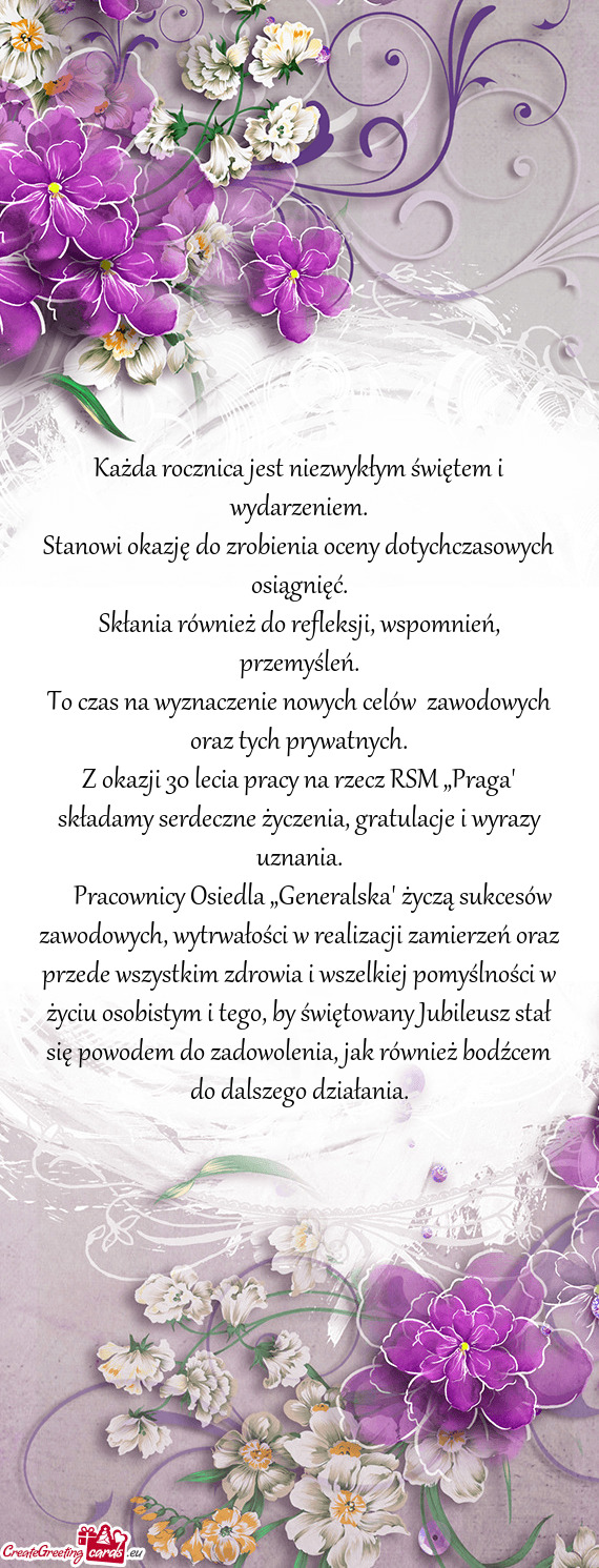 Z okazji 30 lecia pracy na rzecz RSM „Praga” składamy serdeczne życzenia, gratulacje i wyrazy