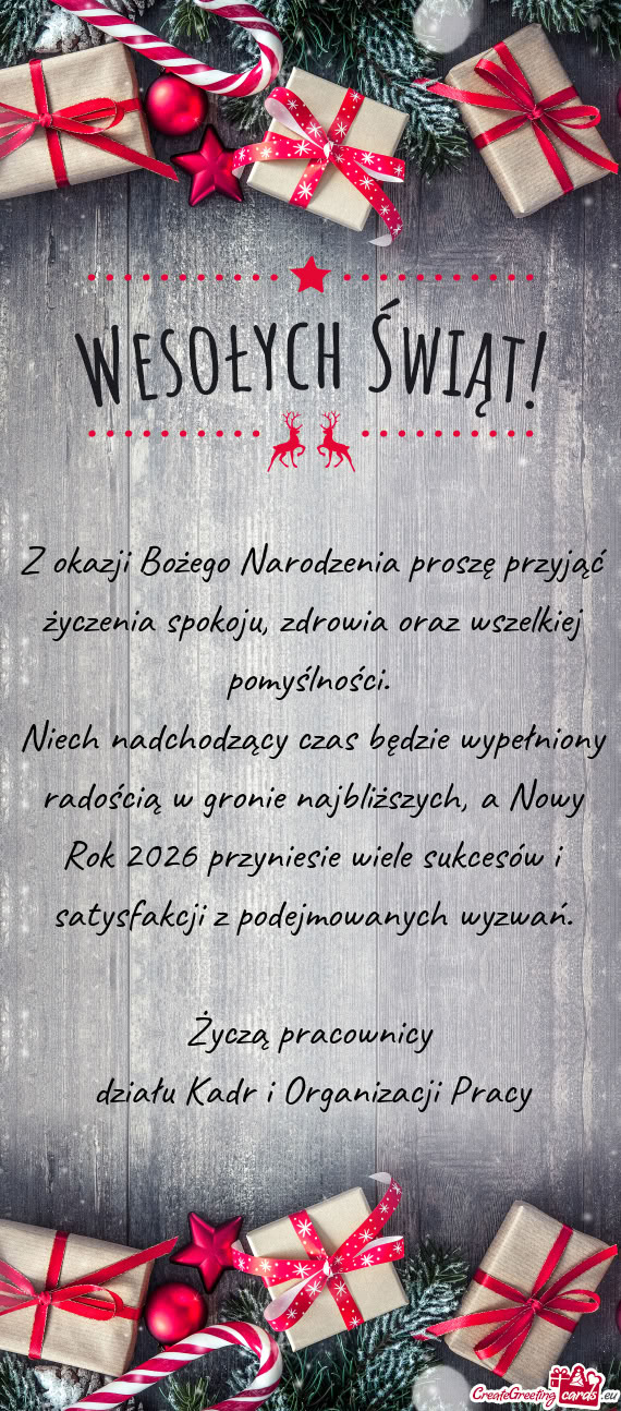 Z okazji Bożego Narodzenia proszę przyjąć życzenia spokoju, zdrowia oraz wszelkiej pomyślnośc
