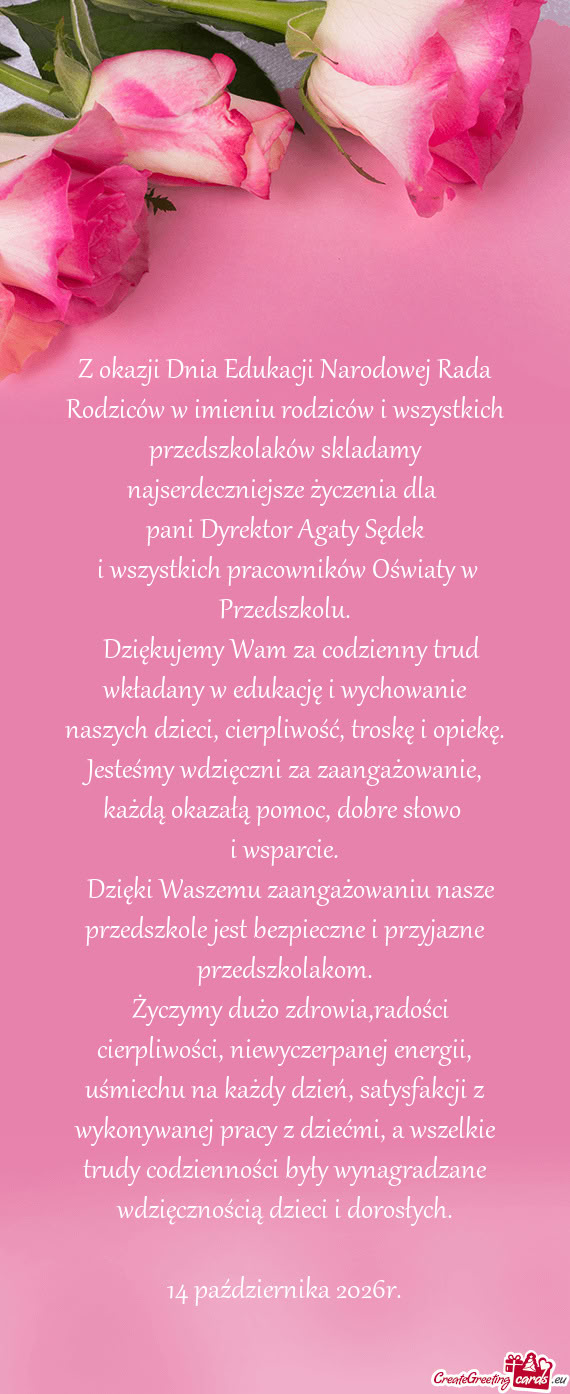 Z okazji Dnia Edukacji Narodowej Rada Rodziców w imieniu rodziców i wszystkich przedszkolaków skl