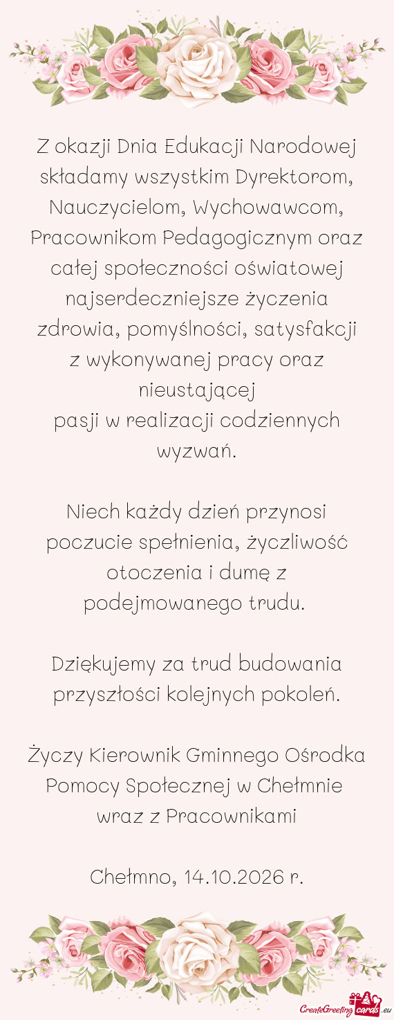 Z okazji Dnia Edukacji Narodowej składamy wszystkim Dyrektorom, Nauczycielom, Wychowawcom, Pracowni