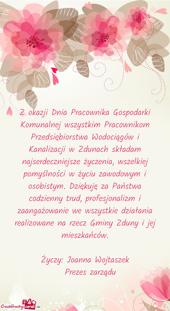 Z okazji Dnia Pracownika Gospodarki Komunalnej wszystkim Pracownikom Przedsiębiorstwa Wodociągów