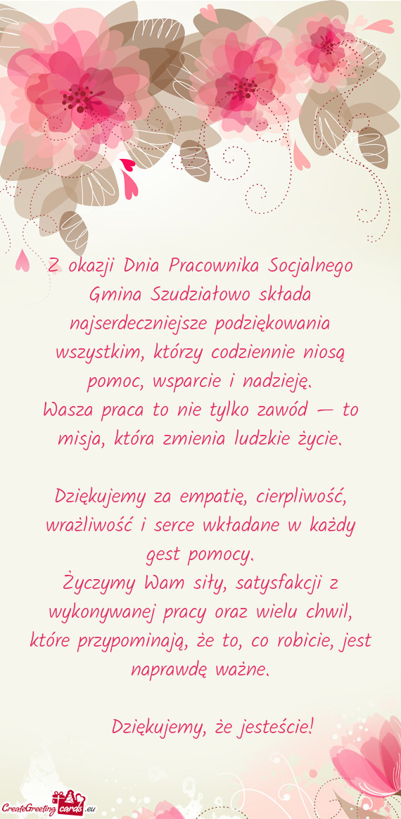 Z okazji Dnia Pracownika Socjalnego Gmina Szudziałowo składa najserdeczniejsze podziękowania wszy