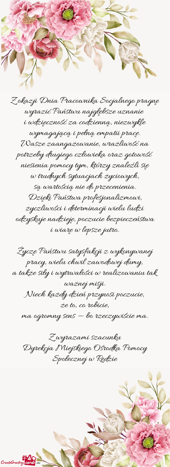 Z okazji Dnia Pracownika Socjalnego pragnę wyrazić Państwu najgłębsze uznanie