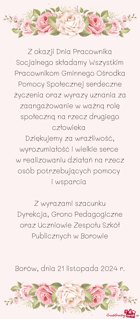 Z okazji Dnia Pracownika Socjalnego składamy Wszystkim Pracownikom Gminnego Ośrodka Pomocy Społec