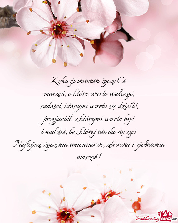 Z okazji imienin życzę Ci  marzeń, o które warto walczyć,  radości,