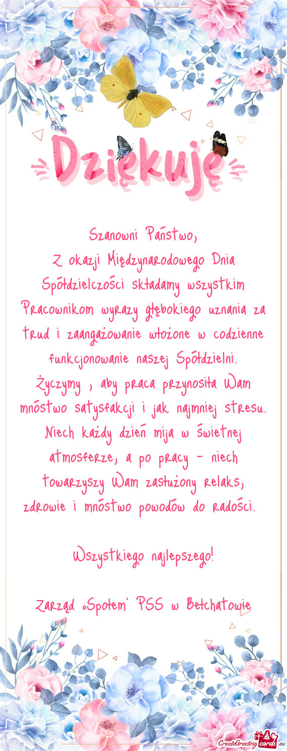 Z okazji Międzynarodowego Dnia Spółdzielczości składamy wszystkim Pracownikom wyrazy głębokie