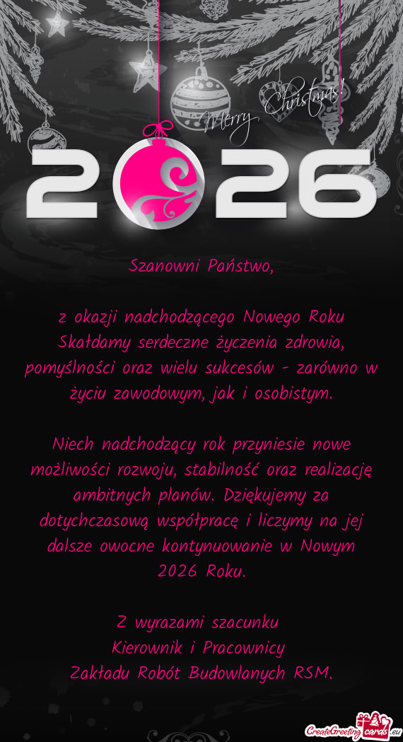 Z okazji nadchodzącego Nowego Roku Skałdamy serdeczne życzenia zdrowia, pomyślności oraz wielu